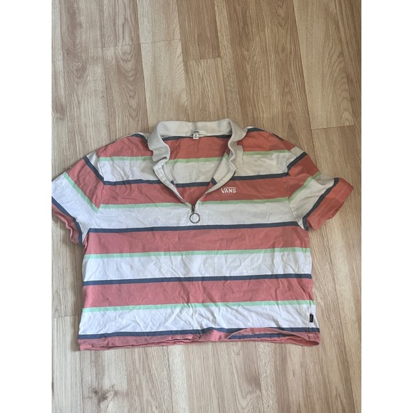 Vans Striped Polo Shirt Womens Medium Coral Green White Crop Top Casual - Picture 1 of 5